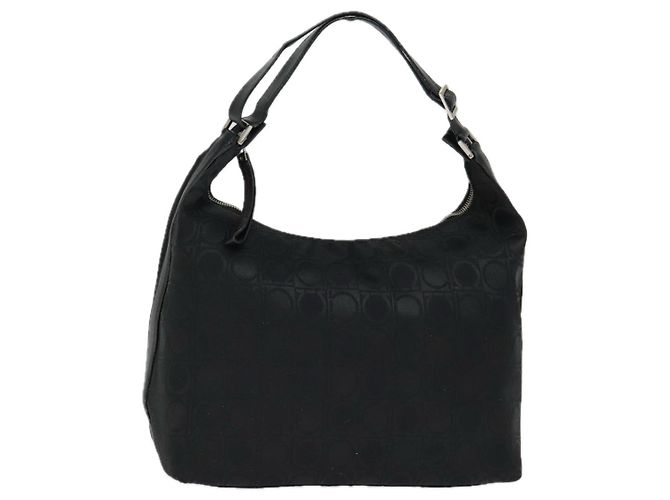 Bolso de hombro Gancini de nylon negro y plata de Salvatore Ferragamo Auth bs18811