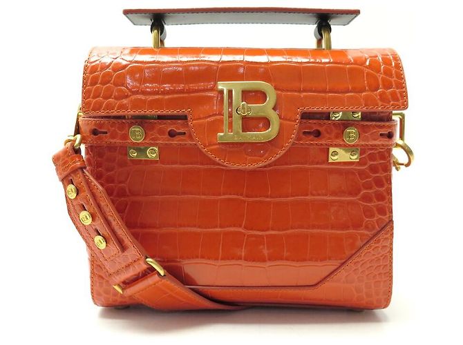 NINE BALMAIN B BUZZ 23 CROCODILE-STYLE LEATHER ORANGE SHOULDER BAG
