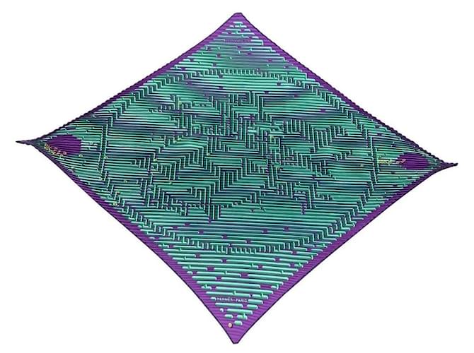 Hermès HERMES CARRE PLISSE TWILL 100% SILK JOURNEY OF H Green Dark purple  ref.1747103