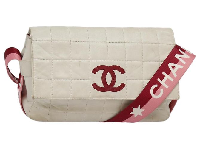 CHANEL Borsa a Spalla Choco Bar Pelle Bianca Oro rosa CC Auth bs18354 Bianco D'oro