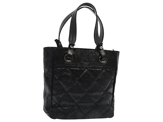 CHANEL Paris Biarritz PM Hand Bag Coated Canvas Black Silver CC 