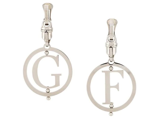 Orecchini a cerchio argentati con logo Gianfranco Ferré - Anni 2000 Argento