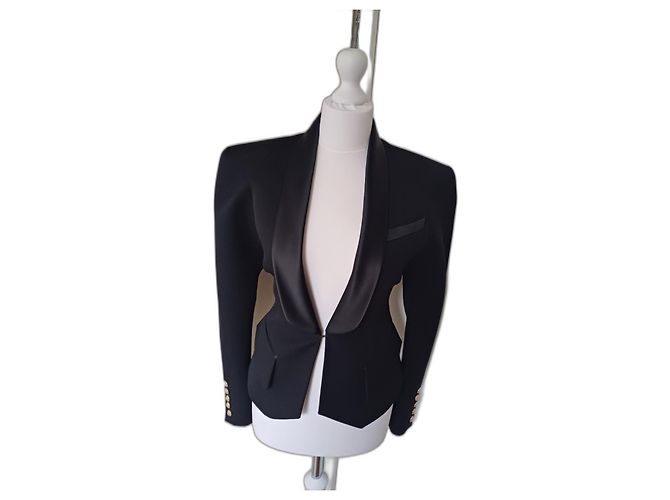 Balmain Black Wool Blazer with Silk Satin Shawl Collar