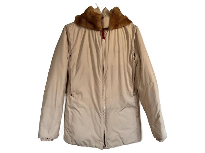 Prada down jacket with removable fur hood cream