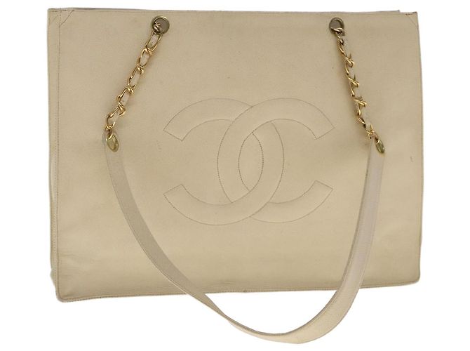 CHANEL COCO Bolsa Tote Mark Chain Couro Caviar Bege Ouro CC Auth bs18886