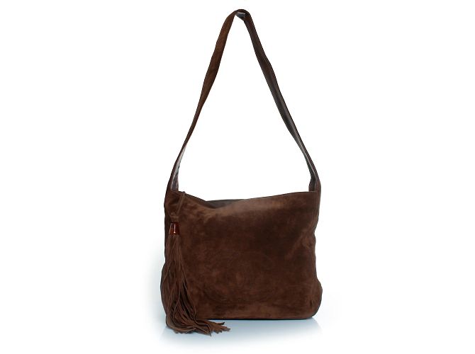Chanel, borsa tote in suede marrone con logo CC e nappina