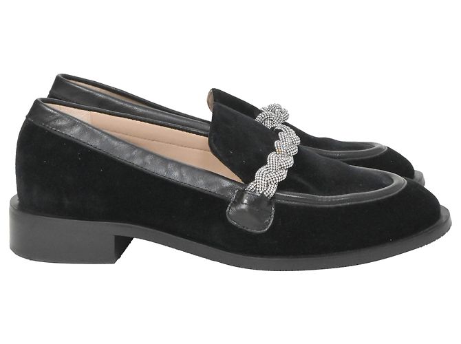 Stuart Weitzman Kristallverzierte Ketten-Links Slipper aus schwarzem Wildleder