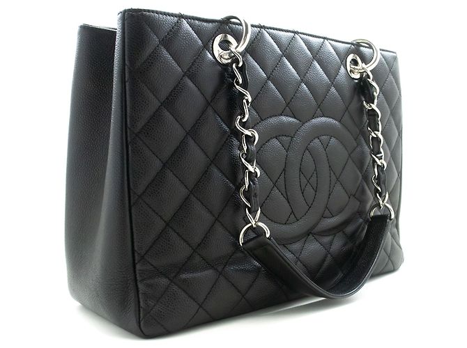 CHANEL Grande Bolsa de Compras GST 13" em Couro de Bezerro Texturizado com Corrente Preto
