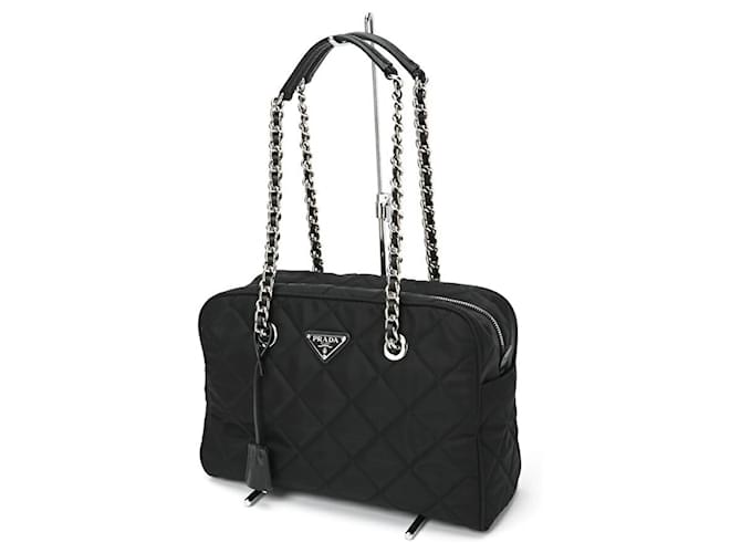 【PRADA】QUILTED CHAIN SHOULDER BAG Prada Quilted Tessuto Nylon Chain Black Convertible Shoulder