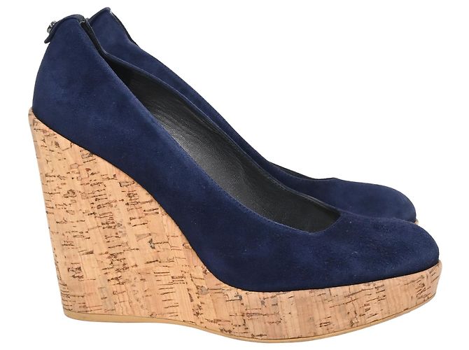 Stuart Weitzman Corkswoon Wedge Pumps in Navy Blue Suede