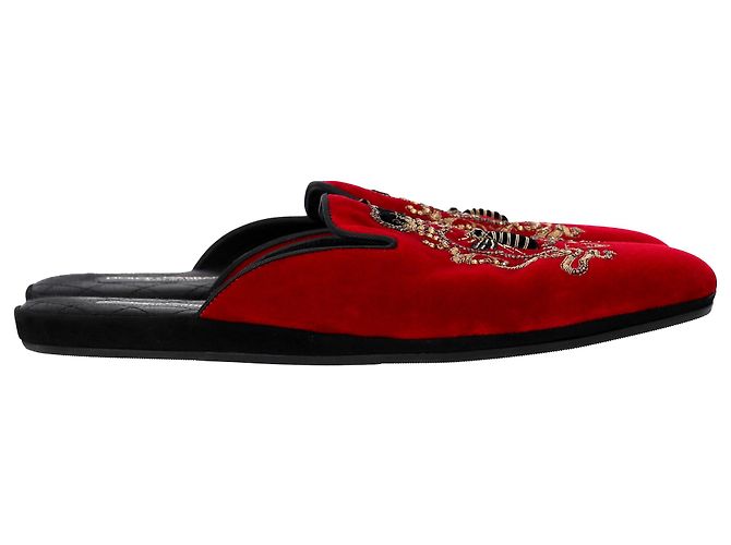 Mule piatte ricamate Dolce & Gabbana in velluto rosso