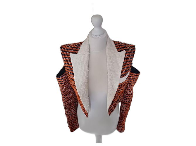 Balmain Orange Tweed Cut Out Shoulder Jacket