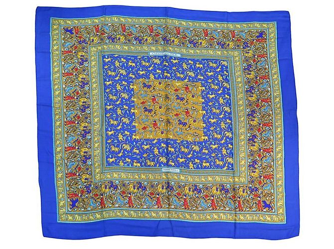 Hermès SCIALLE HERMES CHASSE IN INDIA 140 CM CACHEMIRE SETA BLU