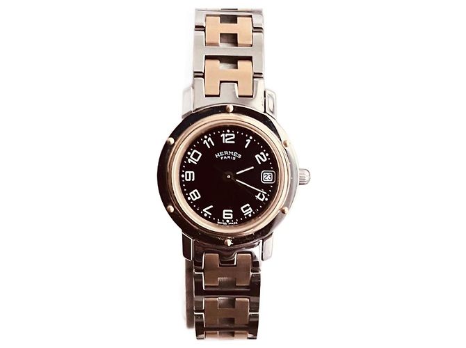 Orologio Hermès Clipper Sport oro e acciaio quadrante nero