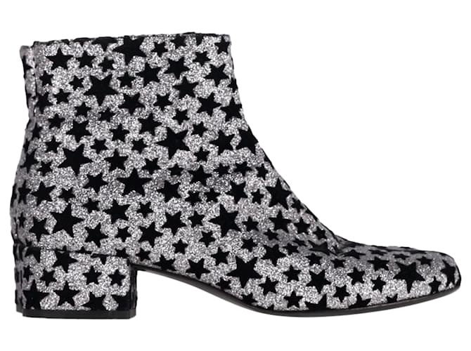 Saint Laurent Star Print Ankle Boots in Silver Glitter Silvery Metallic  ref.1759092