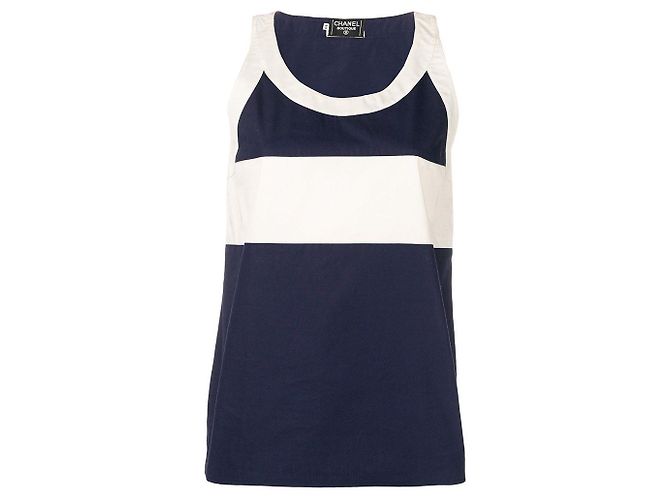 Top de algodão azul e branco Chanel Areia