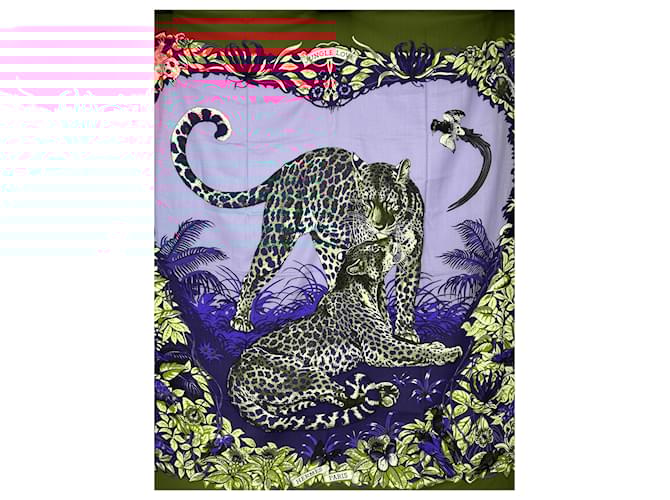 "Jungle Love" Hermès vintage square Red Beige Leopard print Navy blue Lavender Silk Cashmere  ref.1763181