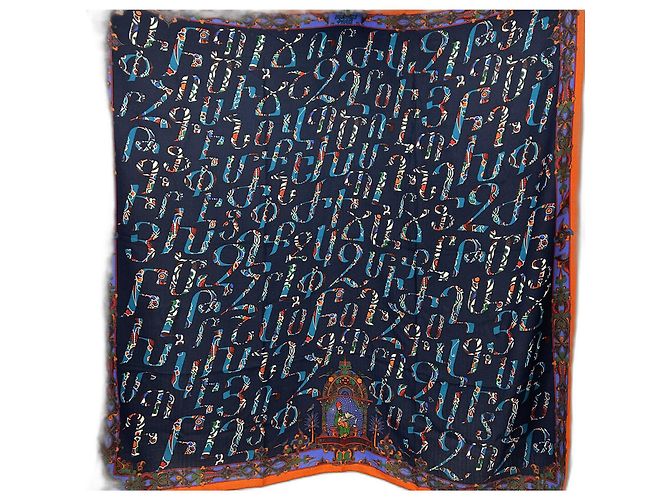 Bufanda Hermès "Cartas de Ereván" Multicolor Naranja Azul marino