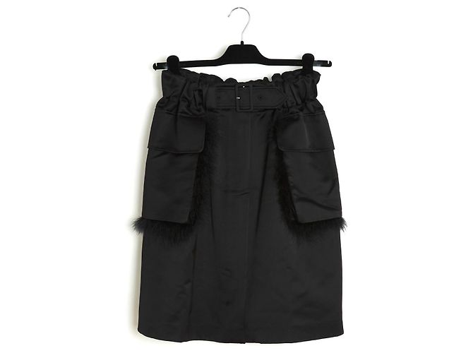 Saia Simone Rocha FR38 Preta de Cetim de Algodão e Penas UK10 US8 Preto