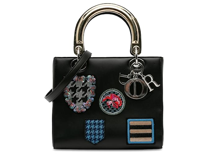 Black Dior Medium Calfskin Patch Embellished Lady Dior Satchel Leather  ref.1762261