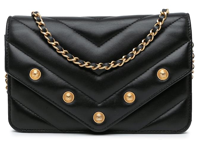 Black Chanel Chevron Lambskin Button Wallet On Chain Crossbody Bag Leather  ref.1762346