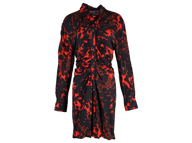 Abito camicia stampato Dries Van Noten in satin nero e rosso