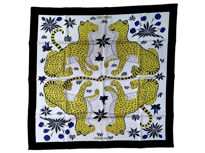 Hermès Lenço 90 Os Leopards de seda branco e amarelo