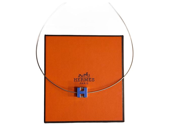 Hermès Cage d'H Necklace Silver and Blue Enamel Silvery 