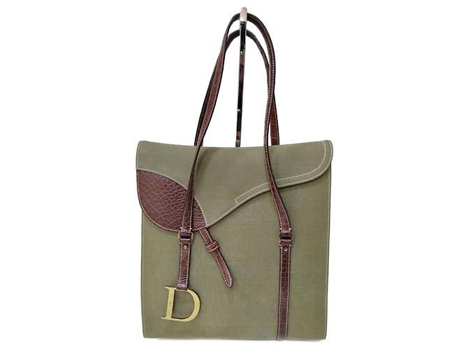 Christian Dior Saddle Bag Rechteckig Khaki Leder und Stoff