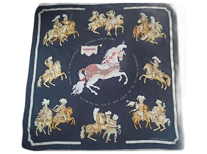 Lenço de seda Hermès Carrousel azul e amarelo