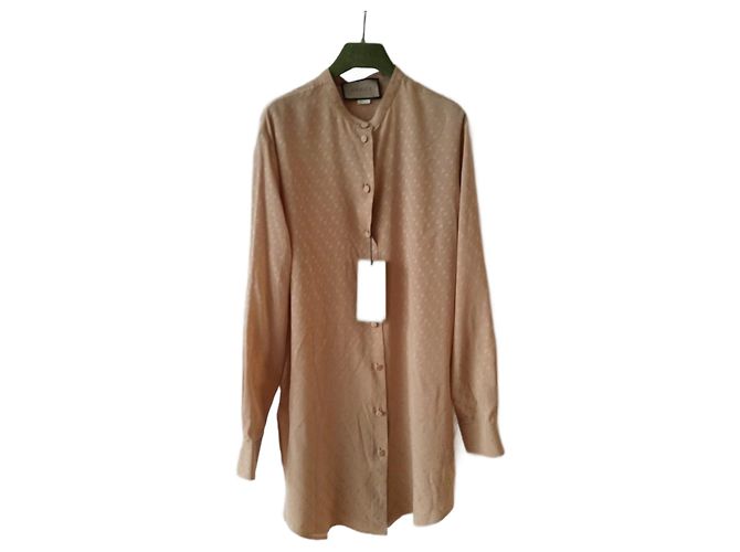 GUCCI SEIDENHEMD MIT JACQUARD-MUSTER. Beige