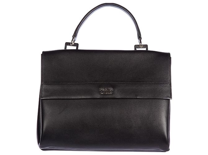 Double Bolsa Satchel Prada de Couro Preta com Aba Dupla Preto