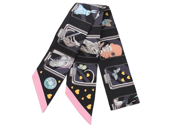 Hermès Foulard HERMES Twilly STORY Soie Noir Multicolore  ref.1772261