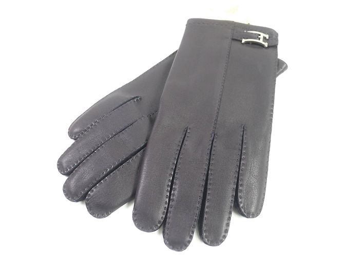 Hermès HERMES Lamb Leather Silk Gloves Dark Brown