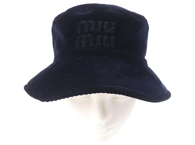 Miu Miu Corduroy Logo Bucket Hat Navy Blue Cotton ref
