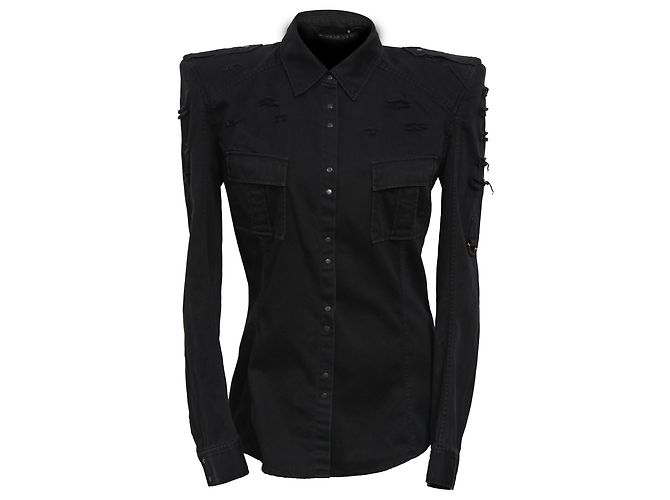 Balmain Distressed Denim-Hemd aus schwarzer Baumwolle