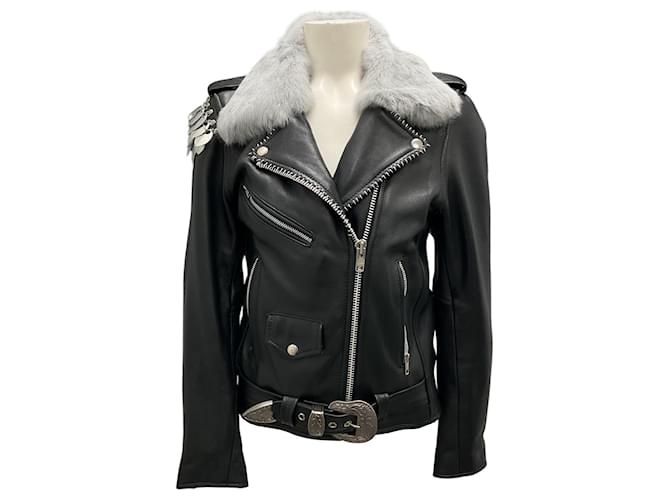 Autre Marque Understated Leather Black / Grey Fur Collar Moto Zip Leather Jacket  ref.1775297