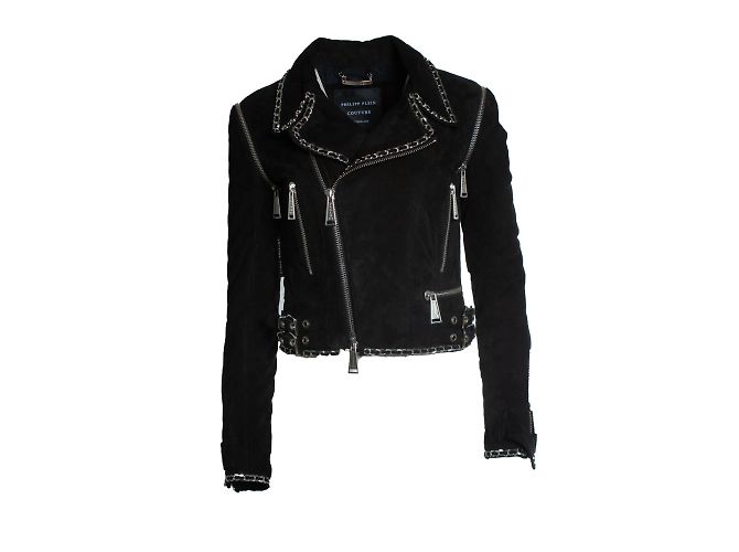 Philipp Plein Wildleder-Bikerjacke mit Kette Schwarz Silber