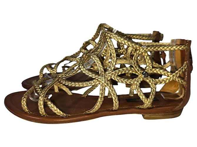  Louis Vuitton Braided Gladiator Flat Sandals in Metallic Gold Leather Golden  ref.1784244