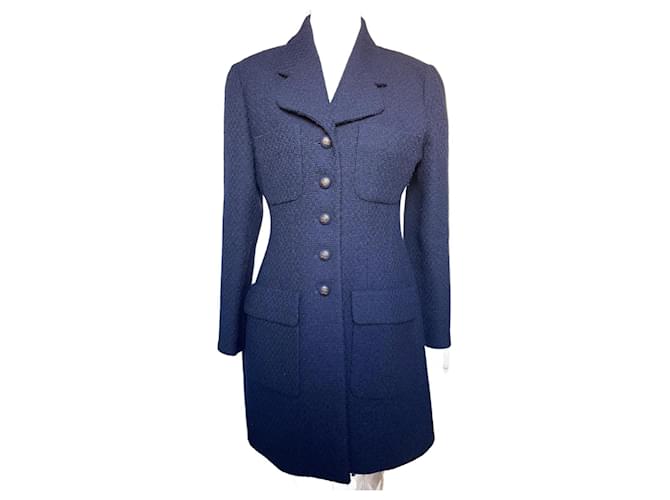 Chanel Coats, Outerwear Navy blue Tweed  ref.1784415