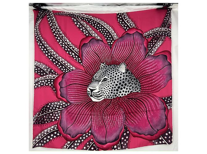 Hermès sciarpa di seta "Gatto Baobab" Nero Rosa Bianco Grigio