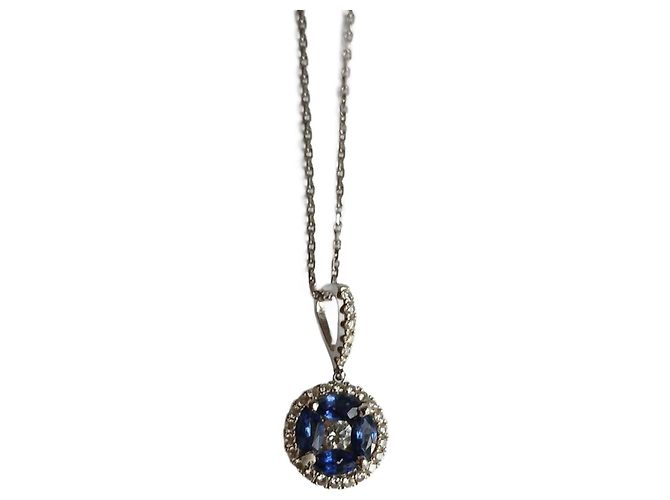 Autre Marque Aurum Halskette mit Blauem Saphir und Diamant 18ct Weißgold Silber Hardware