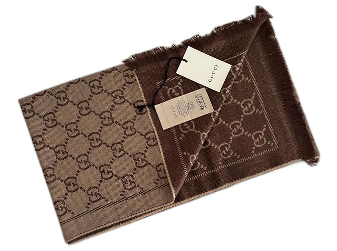 Sciarpa reversibile Gucci in lana Marrone Beige Camel Cammello