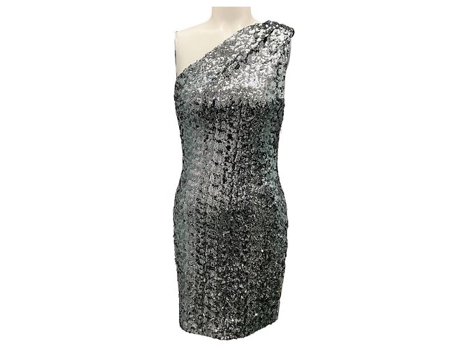 Haney Silber Metallic Pailletten Ein-Schulter Mini Kleid