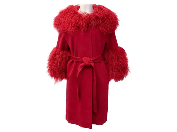 Autre Marque Fleurette Red Wool Belted Coat with Tibetan Lamb Collar  ref.1788406