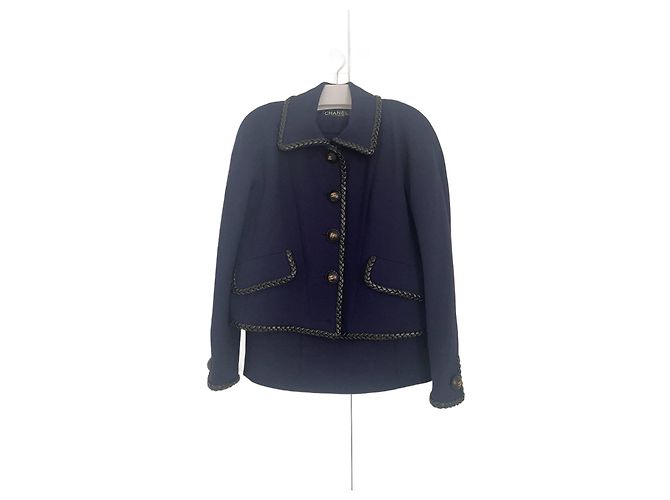 Cambon Chanel 1992 leather button suit set Blue