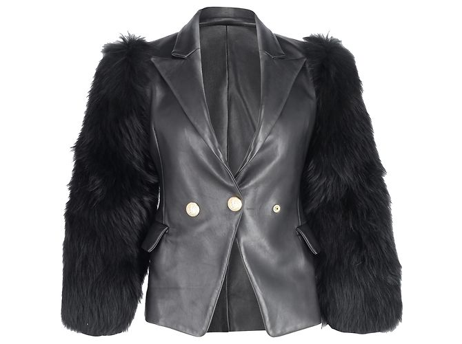 Balmain Single Breasted Fur Sleeve Blazer in Black Leather