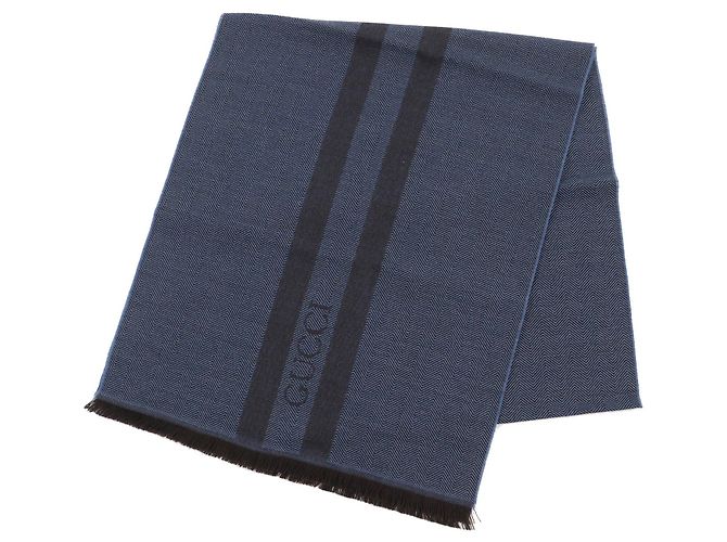 Cachecol de lã em padrão herringbone com logo GUCCI azul marrom