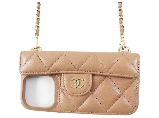 Chanel iPhone 14 Pro Caviar Skin Case with Chain Brown