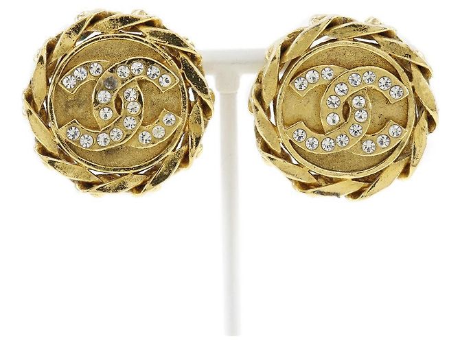 Boucles d'oreilles Chanel Coco Mark en plaqué or avec strass Doré